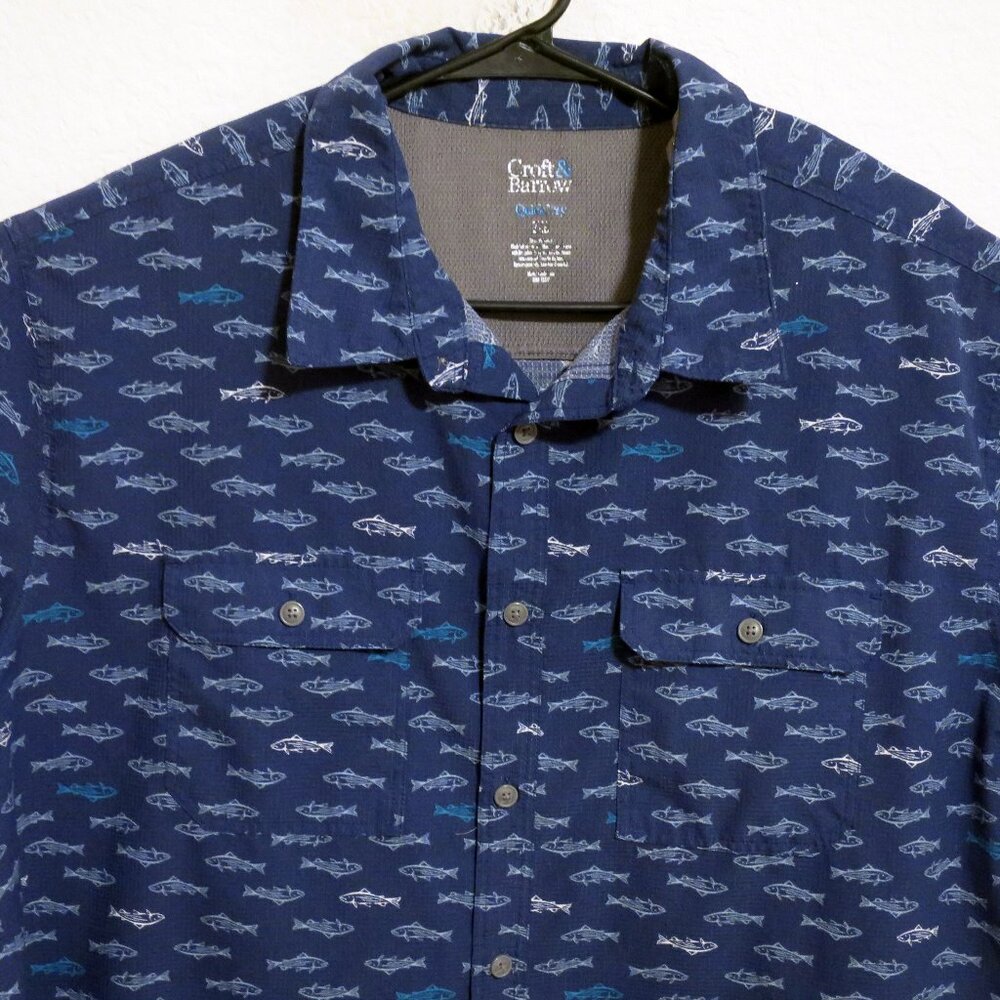 Croft & Barrow Shirt Mens 2XB Short Sleeve Button Quick Dry Vented Blue Fish